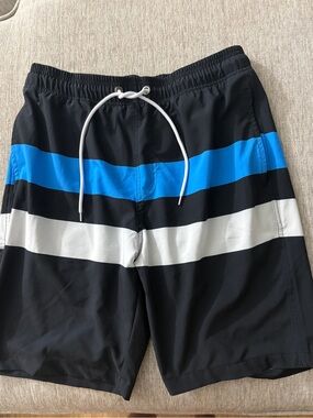 Men's Black Swim Board Shorts with Blue and White Stripes
